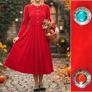 VTG 80s Red Colorful Jeweled Button Top Midi Party Dress 9/ 10 *Fits like Med